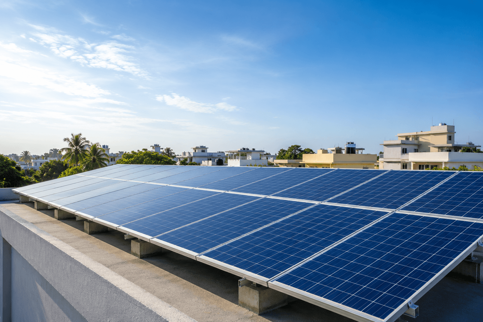 Rows of solar panels mounted on a flat rooftop, with low residential buildings and palm trees beyond under a clear sky.